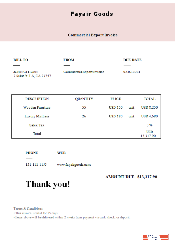 USA Fayair Goods invoice PSD template